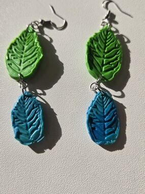 Handmade Leaf Dangle Earrings in Bright Green & Teal